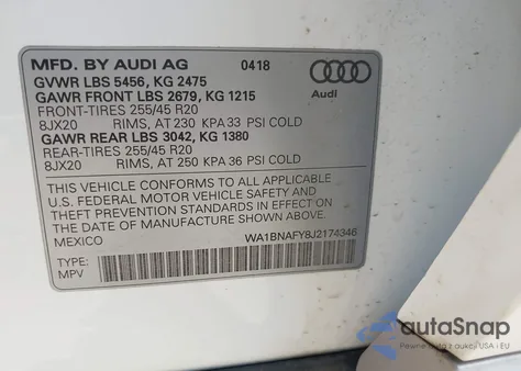 2018 Audi Q5 2.0T Premium/2.0T Tech Premium из США, поврежденный, VIN WA1BNAFY8J2174346